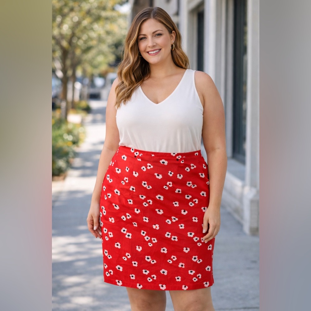 Boden Red Floral Pencil Skirt